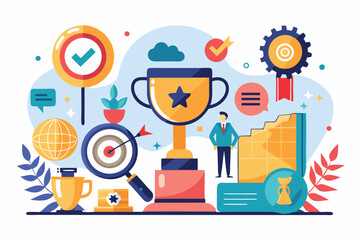 Poster - Exploring the significance of achievement and recognition in personal and professional development with visual elements depicting success