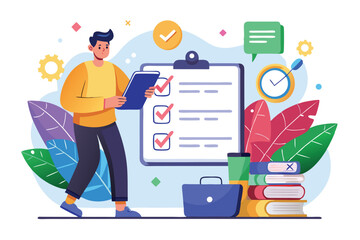 Poster - Testing activity with a character reviewing quiz questions and checklist in a colorful study environment during daytime