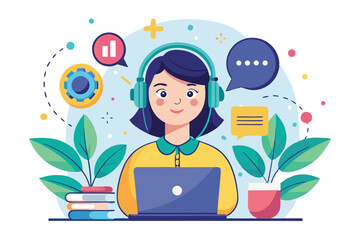 Poster - customer support concept illustration featuring a woman assisting clients with a laptop while surrou