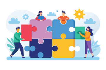 Poster - Team collaboration in a business concept centered around connecting puzzle pieces with diverse team members working together