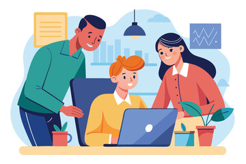 Poster - Supervision and collaboration among colleagues in a modern office setting during a work session with a computer