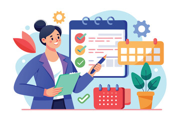 Poster - Event planner efficiently coordinating tasks with checklist and calendar in a creative workspace environment