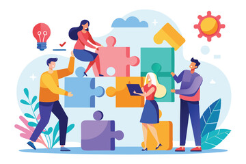 Poster - Business concept team connecting ideas through collaboration and creativity to solve problems and build solutions in a vibrant, colorful environment
