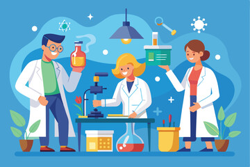 Poster - Scientists conduct experiments in a laboratory, showcasing teamwork and innovation in a vibrant and engaging environment