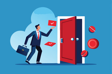 Poster - Businessman pushes the red button while entering an office with a briefcase and documents in hand, signaling an important decision-making moment