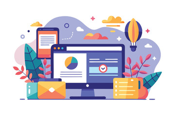 Poster - Concept illustration of website featured snippets showing digital devices, analytics, and design elements in a colorful, engaging environment