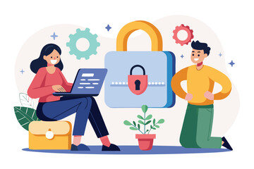Poster - Illustration depicting a woman and man focusing on strong password security practices in a modern workspace setting