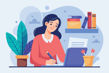 Poster - Woman engaged in writing a contract at a desk with books and plants in a bright, stylish workspace during the day