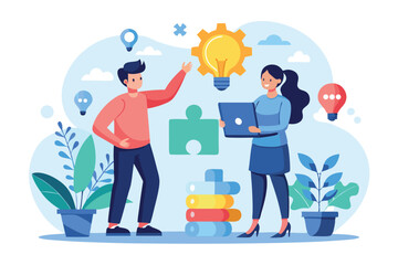 Aufkleber - two business professionals collaborating to find solutions while standing amidst plants and colorful