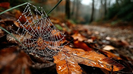 Wall Mural -   A picture of a spider web on a leaf in the forest with water drops