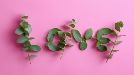 Poster - Natural elements form word love with green leaves on vibrant pink background
