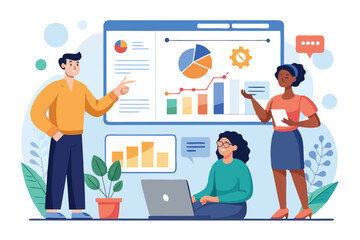 Poster - Online business analytics concept showcasing teamwork and data analysis in a modern office environment with charts and graphs on display for effective decision-making