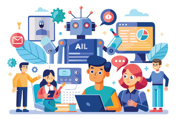 Poster - Vector illustrations showcasing diverse people interacting with generative technology in a collaborative workspace environment