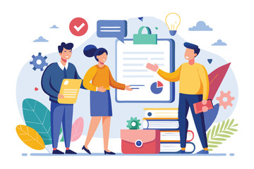 Poster - Collaboration between professionals in agreement negotiation in a modern business setting with documents and charts