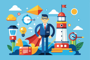 Poster - Dynamic business concepts focusing on vision and innovation represented through vibrant illustrations of a superhero and symbols of progress at a creative workspace