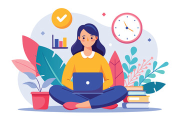 Poster - Productive woman focused on time management while sitting cross-legged with a laptop in a cozy workspace surrounded by plants and books