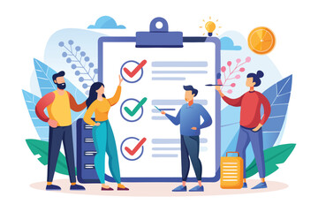 Poster - Team verifies business rules through collaboration in a bright workspace while engaged in detailed discussions and analysis
