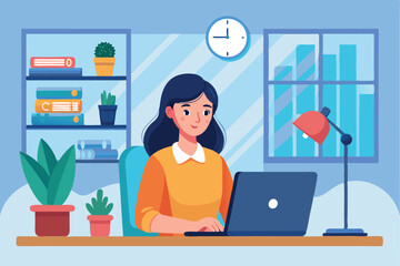 Poster - Woman working at her desk with a laptop, surrounded by plants and shelves, in a bright and organized workspace during the day