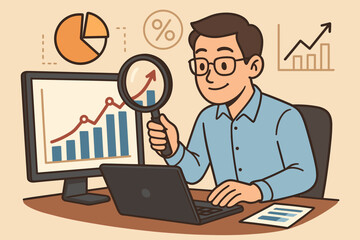 Poster - Businessman analyzing financial data on computer. Analyst with magnifying glass studying business growth chart. Concept of market research, statistics, and performance metrics.