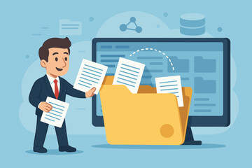 Fototapete - Businessman managing a digital document system. Concept for file management, cloud storage, and online database access. Office worker character archiving company records and information.
