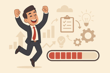 Poster - Successful businessman celebrating achievement, business process workflow, progress bar, productivity, goal completion, task management, innovation, teamwork, vector illustration
