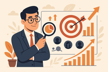 Poster - Businessman analyzing target audience behavior, developing business strategy, target marketing concept, setting business goals, data analysis, growth charts, success, vector illustration
