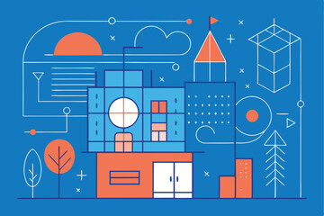 Poster - Blueprint concept with geometric lines displaying buildings, trees, and various abstract shapes against a blue background illustrating a creative design idea