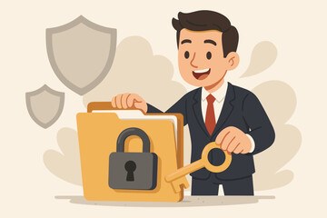 Poster - Businessman holding key unlocking secured folder with padlock, data protection, privacy, cyber security concept, confidential information management, cartoon vector illustration, shield icons