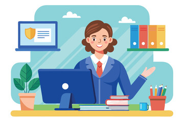 Aufkleber - Teacher engaged in online teaching with computer at a desk surrounded by books and stationery during a bright daytime setting