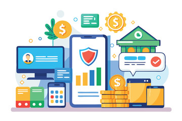 Aufkleber - Online banking concept illustrating financial security, transactions, and digital management in a modern setting with various devices and symbols