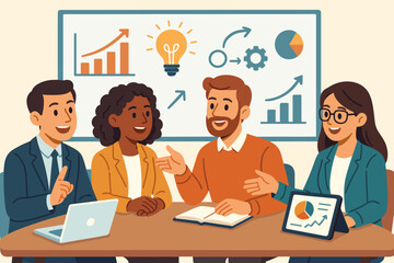 Poster - Diverse business team collaboration meeting, sharing innovative ideas, brainstorming solutions, analyzing data charts, teamwork growth, office discussion, vector illustration
