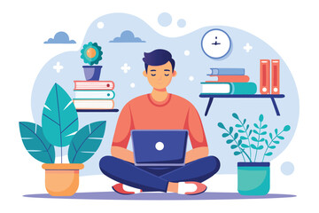Poster - Vector illustration of a man working on laptop in a bright office with books, plants, and a clock in the background during daytime