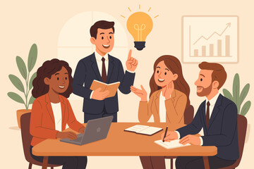Poster - Diverse business team brainstorming innovative ideas in office meeting. Creative teamwork, collaboration, discussion, leadership, planning, strategy, growth concept. Vector cartoon illustration