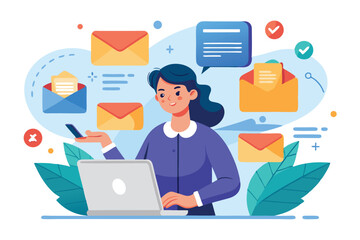 Poster - Woman managing emails and messages in a digital workspace with modern design elements highlighting communication efficiency
