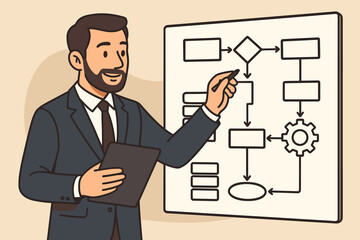 Poster - Businessman Presenting Workflow Diagram, Planning Strategy, Analyzing Process Flow, System Optimization, Project Management, Corporate Training, Vector Illustration, Office Presentation Concept