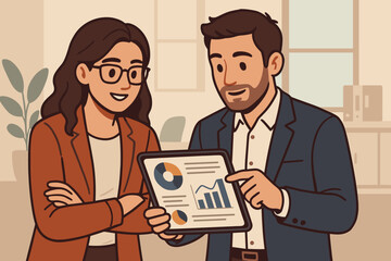 Poster - Business professionals analyzing digital data report on tablet in modern office. Teamwork, collaboration, statistics, charts, graphs, corporate discussion. Vector illustration for business concepts