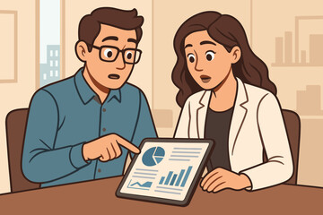 Poster - Business team analyzing financial data report on tablet in modern office. Vector illustration of coworkers discussing statistics, charts, graphs, teamwork, digital technology, workplace collaboration