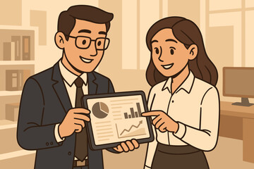 Poster - Business professionals analyzing digital data report on tablet in modern office. Teamwork, collaboration, financial analytics, growth strategy, corporate meeting, vector illustration