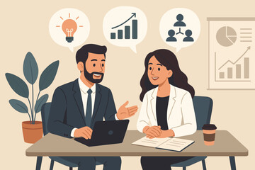 Poster - Business meeting teamwork concept. Man and woman discussing strategy, growth, leadership, innovation, analytics, collaboration. Office workplace, partnership, planning. Vector illustration