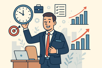Poster - Businessman Managing Time for Productivity and Success. Office Desk, Clock, Target, Checklist, Growth Charts. Corporate Efficiency, Goal Achievement, Leadership, Vector Illustration