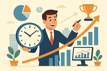 Poster - Businessman Managing Time for Productivity and Success, Corporate Goal Achievement, Growth Chart, Clock, Data Analysis, Trophy, Office Plants, Vector Illustration for Business Concepts