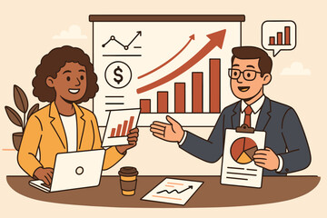 Poster - Business team analyzing financial data, discussing revenue growth strategies, marketing analytics, teamwork, office meeting, bar and pie charts, vector illustration for corporate success