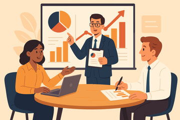 Poster - Business team meeting analyzing financial data, discussing revenue growth strategies, presenting charts and graphs, corporate marketing professionals, office collaboration, vector illustration