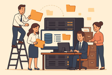 Poster - Business team organizing digital files, managing database and document archive, office workers collaborating on computer server, data storage, teamwork, corporate information management concept