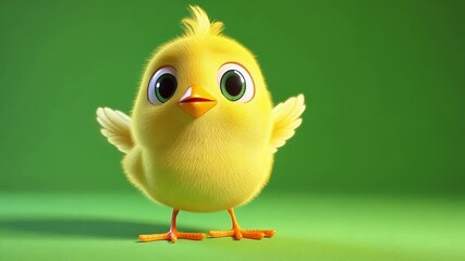 Poster - Adorable yellow baby chick animation playing and moving across seamless green screen background, providing flexible compositing solution for video editing and motion graphics projects