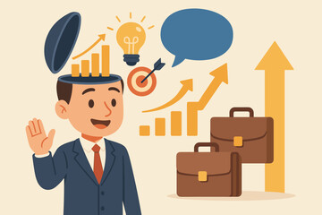 Poster - Open Mindset for Career Growth and Business Success, Creative Businessman with Rising Graphs, Innovation, Communication, Leadership, Goal Achievement, Vector Cartoon Illustration