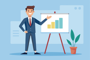 Poster - Confident businessman presenting growth statistics in a professional setting with a clear chart background and greenery