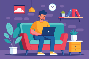 Aufkleber - Working man focuses on laptop while relaxing on comfortable sofa in modern home interior during daytime