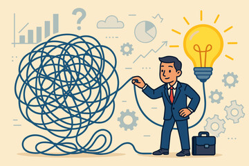 Poster - Businessman Solving Complex Problems Concept. Untangling Chaos to Find Solutions. Innovation, Brainstorm, Light Bulb Idea, Strategy, Success, Data Analysis, Vector Illustration for Business Challenges