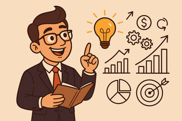 Poster - Businessman Generating Innovative Ideas for Success. Vector Illustration of Entrepreneur with Book, Light Bulb, Growth Charts, Gears, Money, Target, and Pie Chart. Concept of Strategy and Leadership